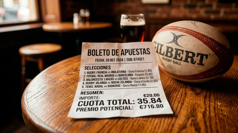 Boleto de apuestas con varias selecciones de rugby junto a un balón ovalado