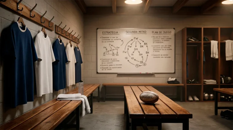 Vestuario de rugby durante el descanso con camisetas colgadas y balón en el banco
