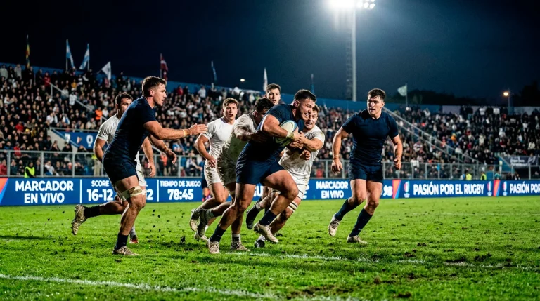 Partido de rugby en directo con jugadores en acción sobre césped bajo focos del estadio