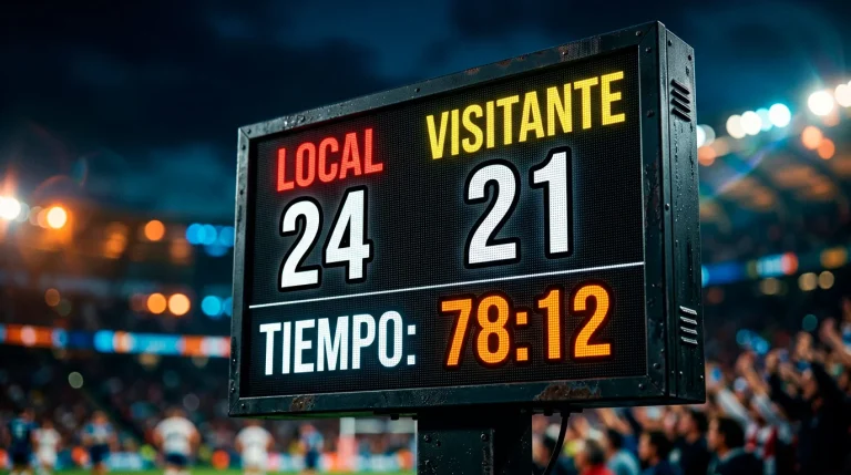 Marcador de rugby mostrando diferencia de puntos entre dos equipos en un estadio