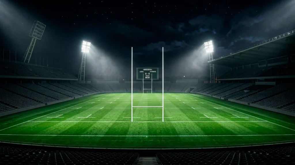 Estadio de rugby con marcador electrónico iluminado durante un partido nocturno