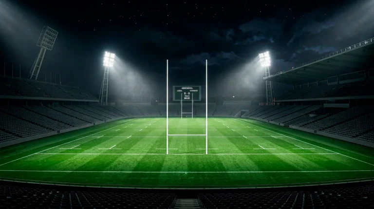 Estadio de rugby con marcador electrónico iluminado durante un partido nocturno