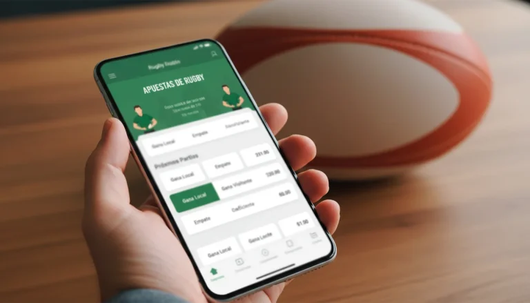Mano sosteniendo un smartphone con una aplicación de apuestas de rugby en pantalla