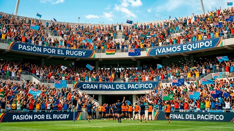Gradas llenas de espectadores en un estadio de rugby del Pacífico durante un partido diurno