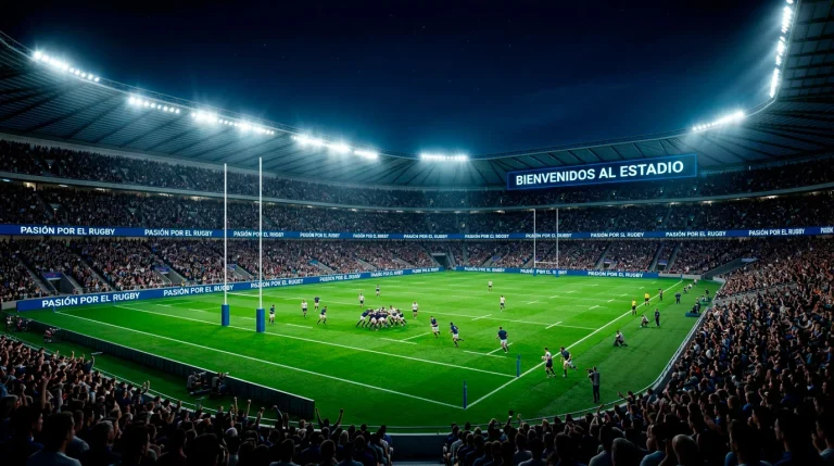 Eden Park en Auckland con césped iluminado y postes de rugby de noche