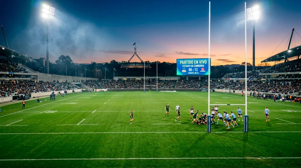 Estadio de rugby en Canberra con césped iluminado y gradas al anochecer