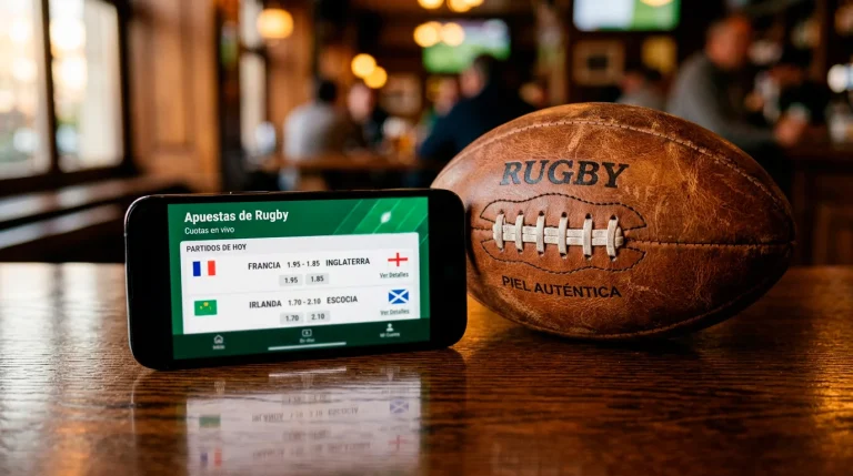 Teléfono móvil mostrando mercados de apuestas de rugby sobre una mesa con balón de rugby