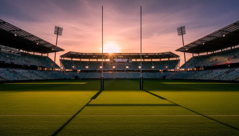 Estadio de rugby en Hamilton con césped verde y postes de rugby al atardecer