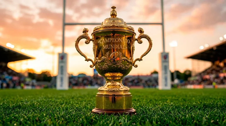 Trofeo dorado de rugby sobre un campo de césped verde con postes de fondo