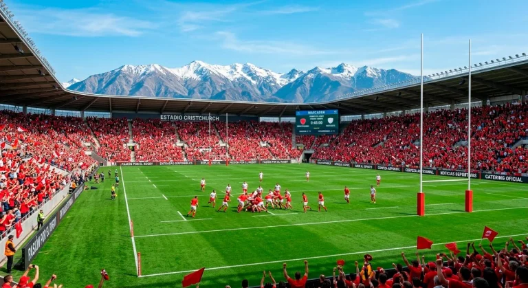 Estadio de rugby en Christchurch con camisetas rojas de los Crusaders en las gradas
