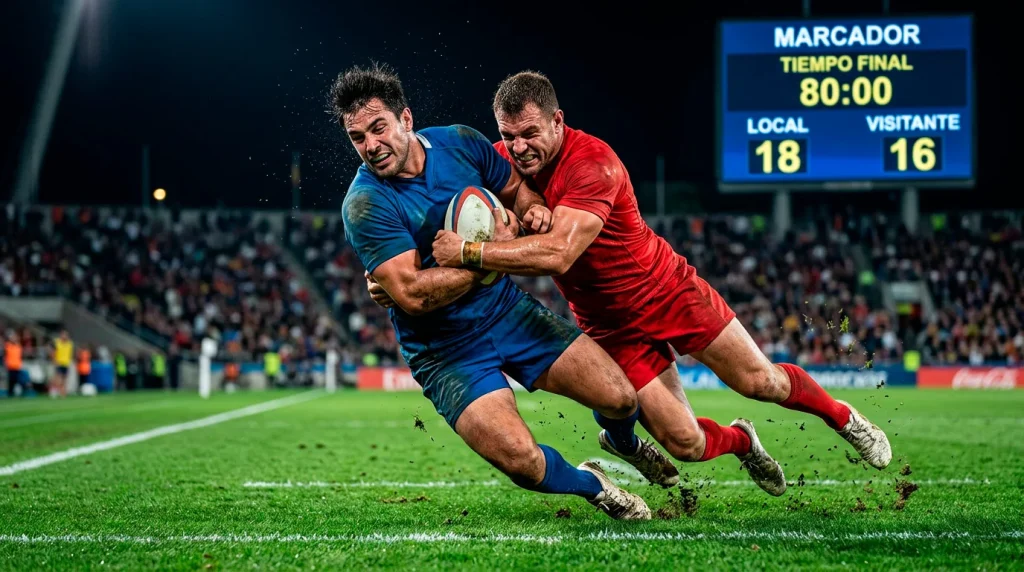 Estrategia de apuestas en rugby con jugadores disputando un balón en el campo