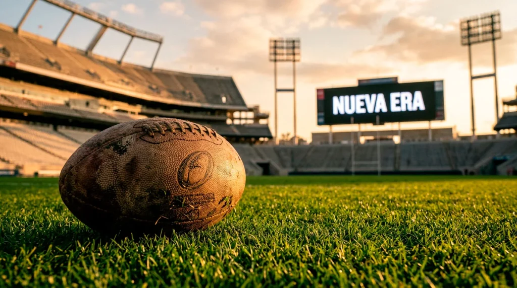 Balón de rugby sobre césped de un estadio americano con gradas vacías al atardecer
