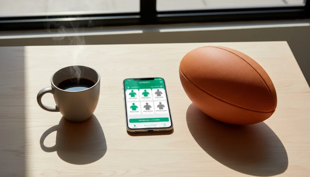 Pantalla de smartphone con aplicación de fantasy rugby junto a un balón de rugby