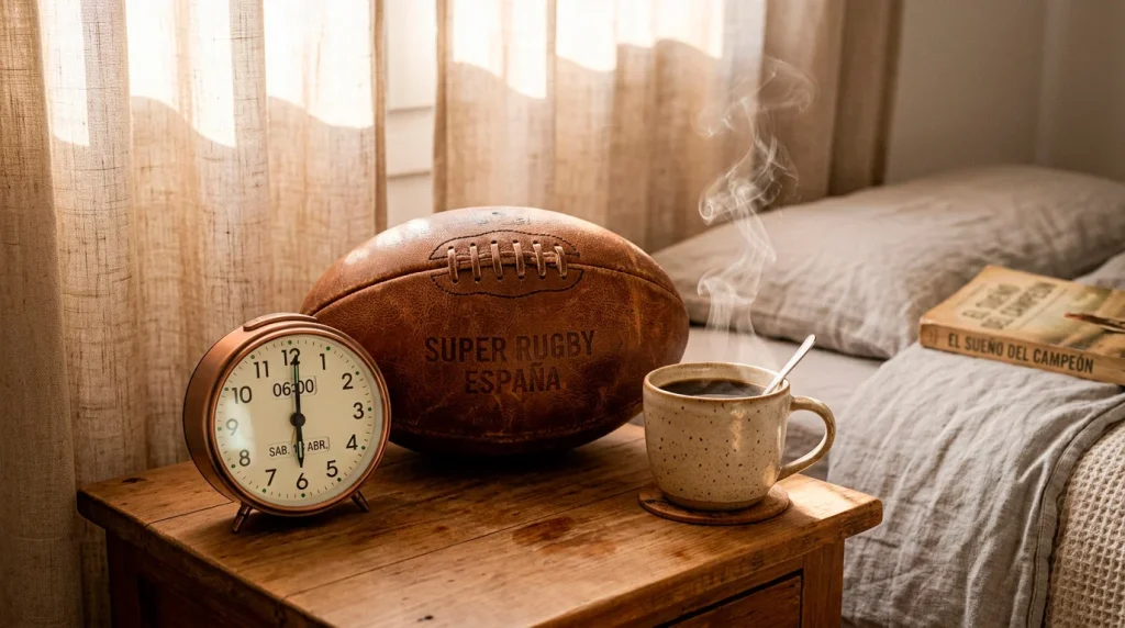 Reloj de pared mostrando las 6 de la mañana junto a un balón de rugby y una taza de café