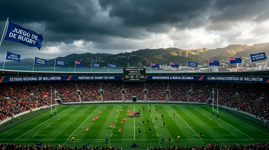 Estadio de rugby en Wellington con viento moviendo las banderas y césped verde