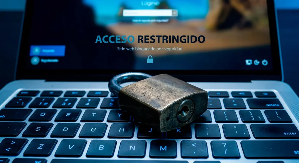 Candado de seguridad sobre un teclado de ordenador con pantalla difuminada de fondo