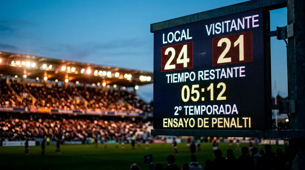 Marcador de rugby mostrando un resultado ajustado con diferencia de pocos puntos