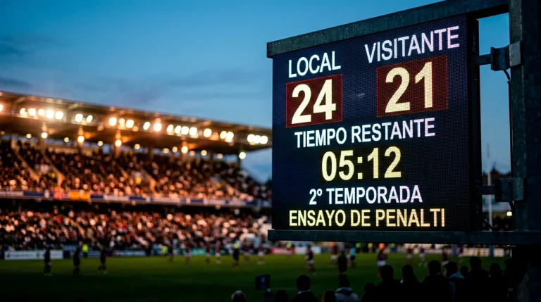 Marcador de rugby mostrando un resultado ajustado con diferencia de pocos puntos