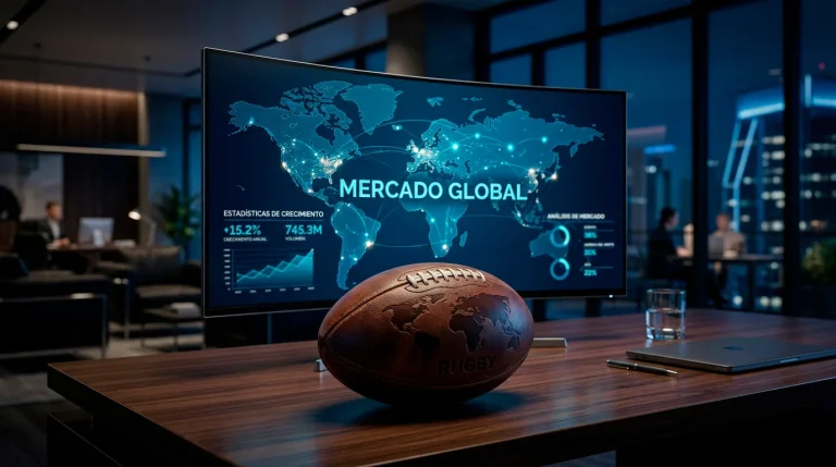 Balón de rugby sobre un mapa mundial iluminado en un escritorio profesional
