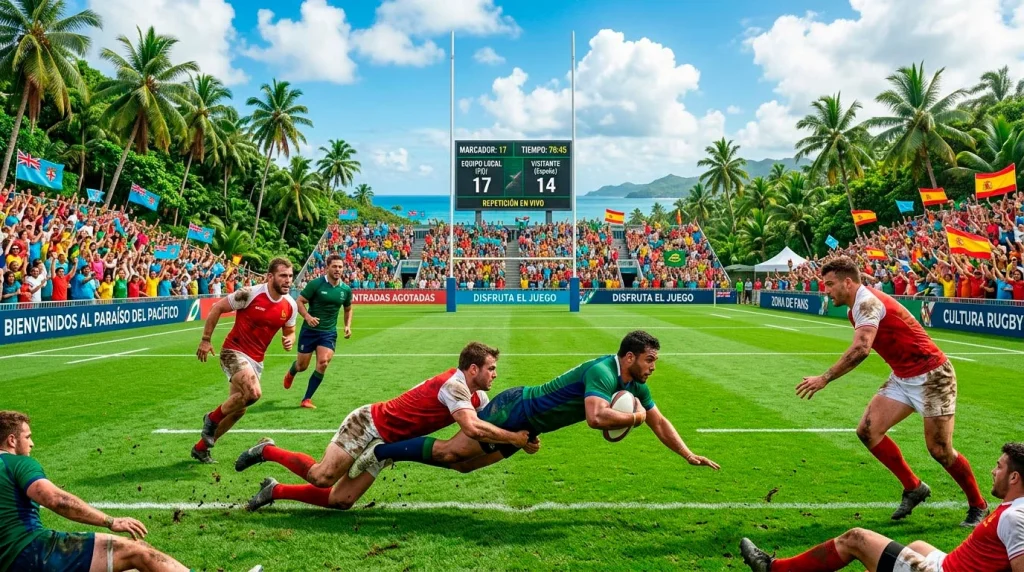 Estadio de rugby tropical en las islas del Pacífico con palmeras y gradas llenas