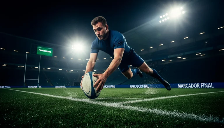 Jugador de rugby apoyando el balón en la zona de marca para anotar un try