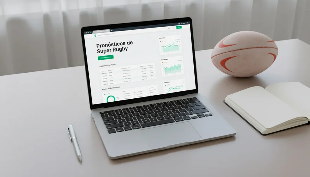Portátil abierto con estadísticas de rugby junto a un balón de rugby sobre un escritorio