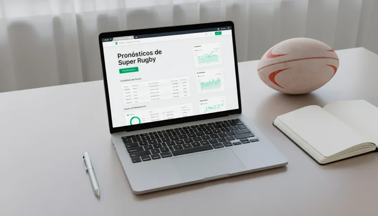 Portátil abierto con estadísticas de rugby junto a un balón de rugby sobre un escritorio