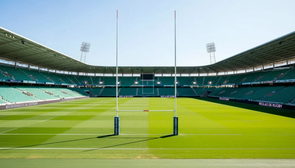 Campo de rugby con líneas marcadas y postes vistos desde la grada principal