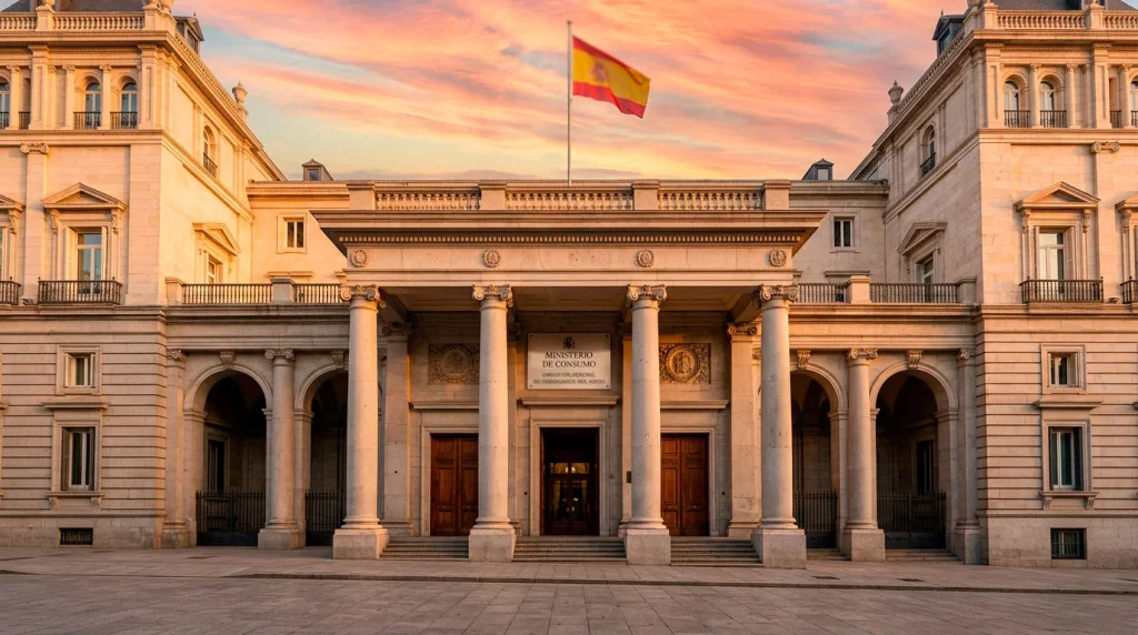 Edificio institucional en Madrid con bandera de España al atardecer