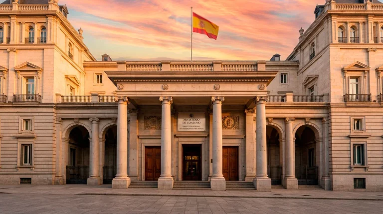 Edificio institucional en Madrid con bandera de España al atardecer