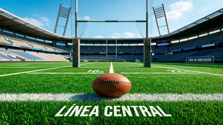 Campo de rugby con balón ovalado entre líneas de juego de Rugby Union y Rugby League