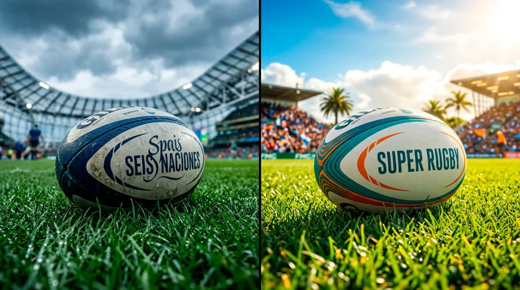 Dos balones de rugby sobre césped verde con banderas europeas y del Pacífico de fondo