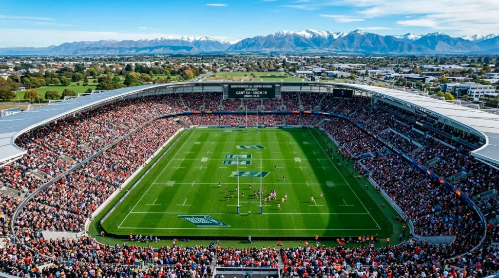 Vista aérea de un estadio de rugby en Christchurch lleno de espectadores durante un evento