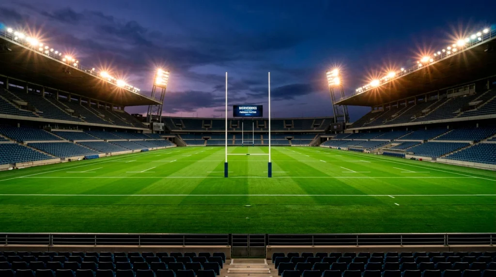 Jugadores de Super Rugby Pacific disputando un balón en campo de rugby iluminado