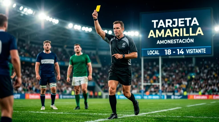 Árbitro de rugby mostrando una tarjeta amarilla durante un partido con jugadores de fondo