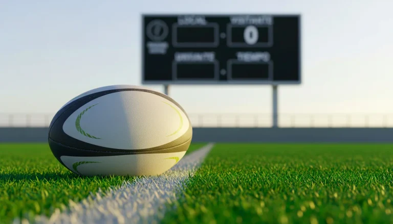 Tipos de apuestas en rugby con marcador y balón de rugby sobre césped